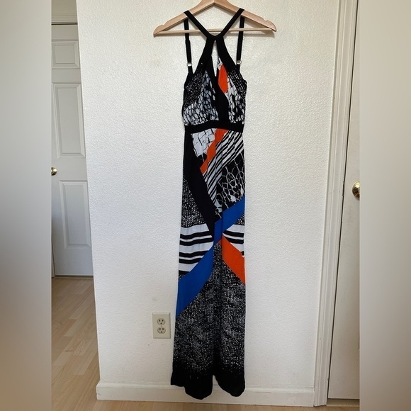 Twelfth St. by Cynthia Vincent Blue Black Orange Abstract Front Cross Maxi Dress - Picture 4 of 10
